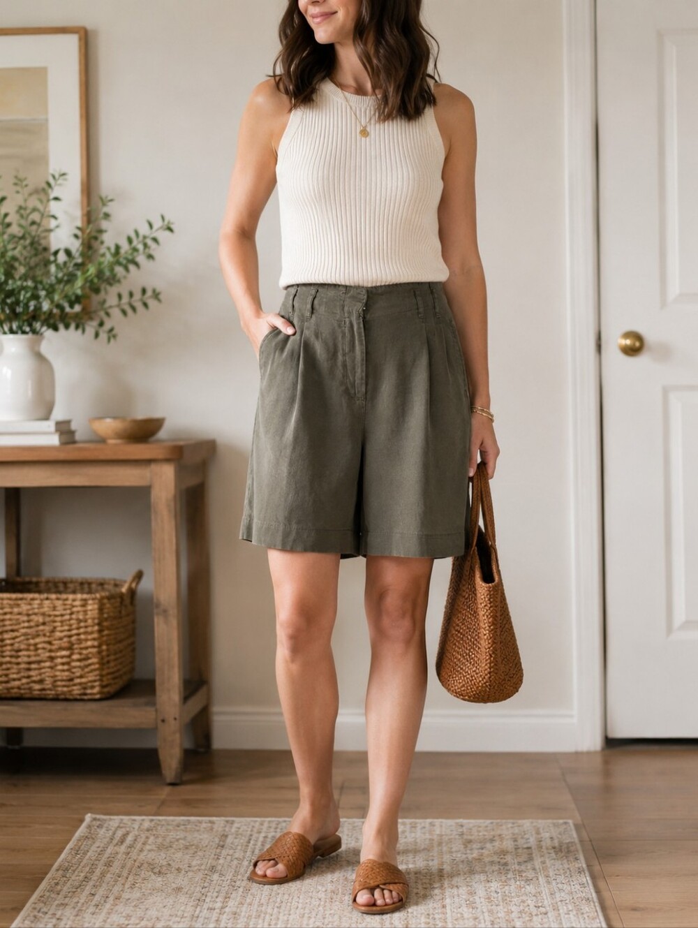 Rw&co High-Waist Olive Green Women's Lyocell Bermuds Shorts 10